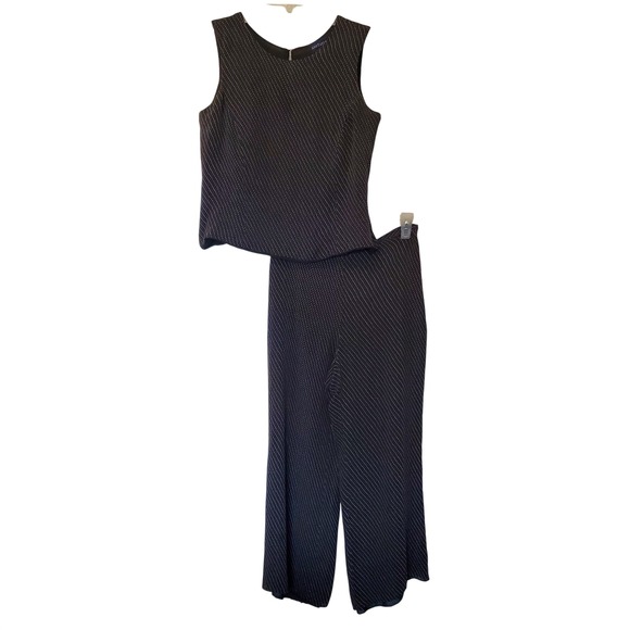 Ann Taylor Pants - Ann Taylor Silk 2 Piece Set Womens 8/4 Black Dotted Pinstripe Top Wide Leg Pants